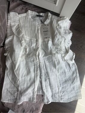 Zara White Ruffled Button-Front Cotton Blouse